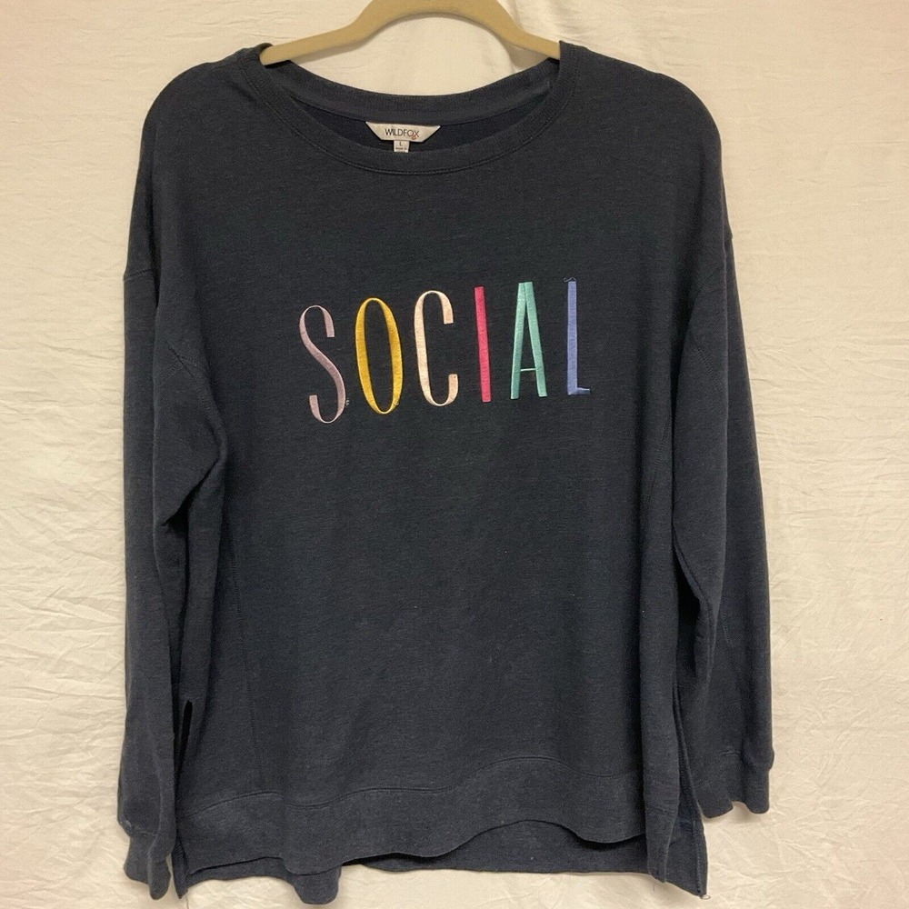 WildFox Pull Over Crew Neck Long Sleeve‎ Sweater Social Graphic Print Blue Large